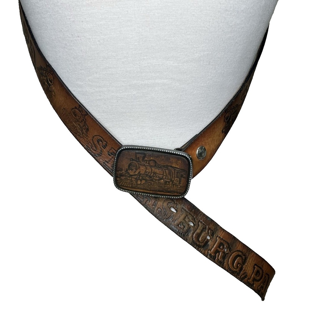 Vintage Tooled Leather Strasburg Pa Train Belt 36 - 42‎ Buckle USA